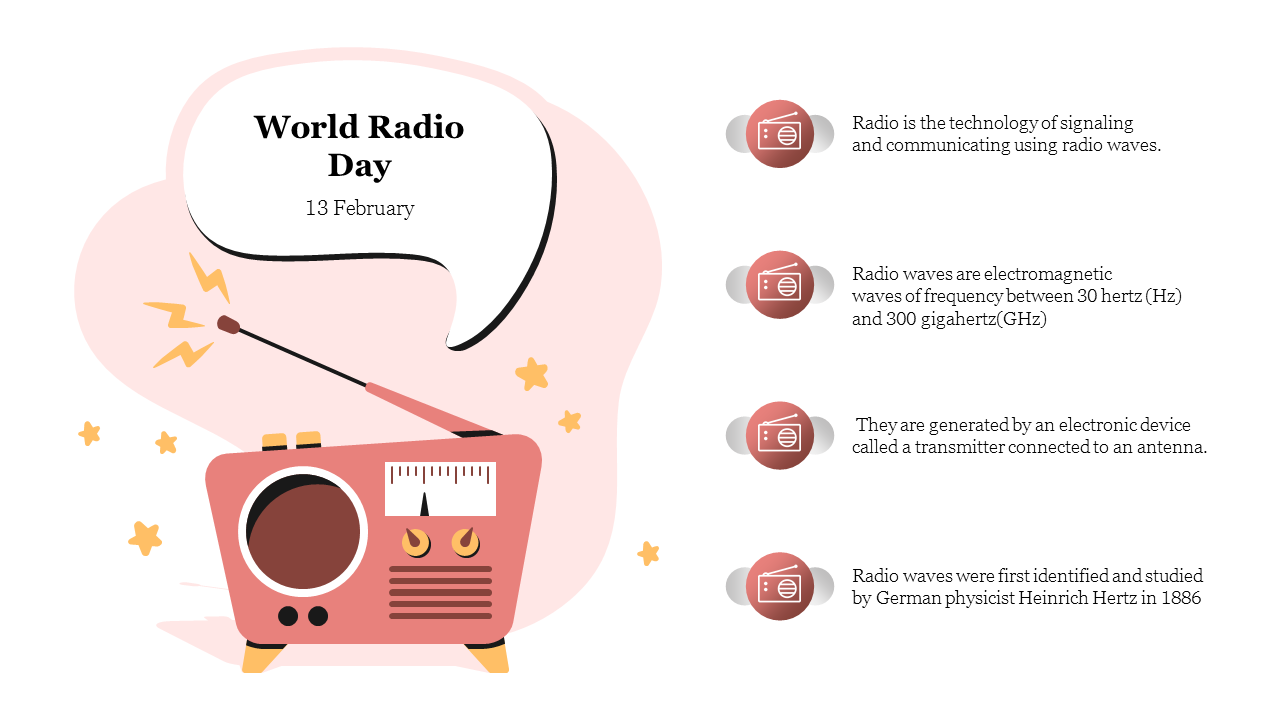 World radio day slide with pink background, retro radio graphic, and radio wave icons listing technical details.