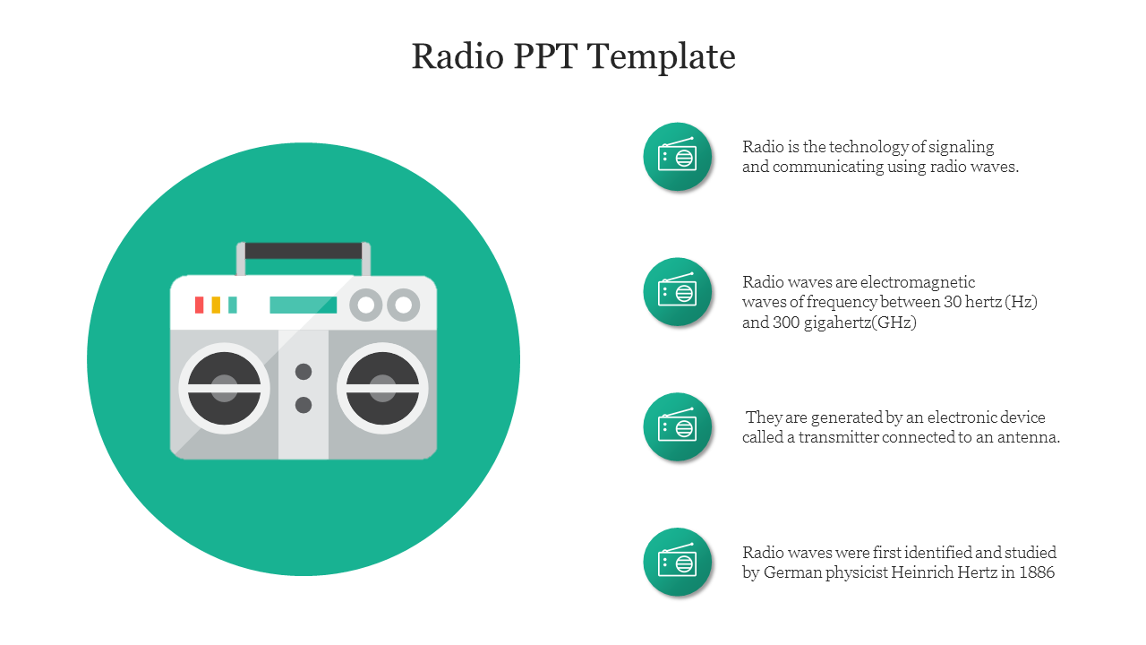 Radio PPT slide featuring an illustration of a boombox and key facts about radio waves and their discovery.