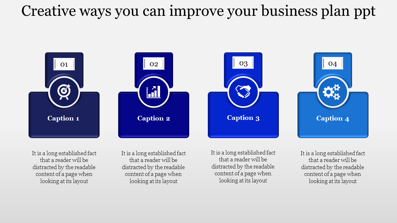 Four blue blocks with icons and captions illustrating steps to improve a business plan on a light gray background.