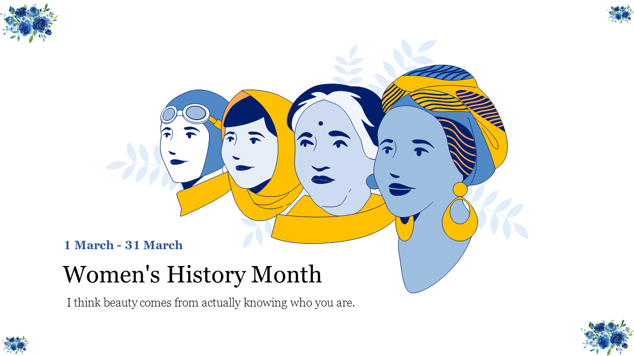 Abstract illustration of women's faces in blue and yellow, representing empowerment and diversity celebrating history Month.