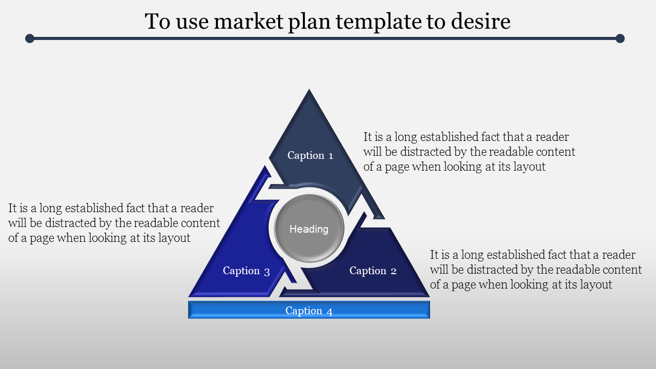 Market plan slide design in a triangle form showing four captions and a central heading, all surrounded by descriptive text.