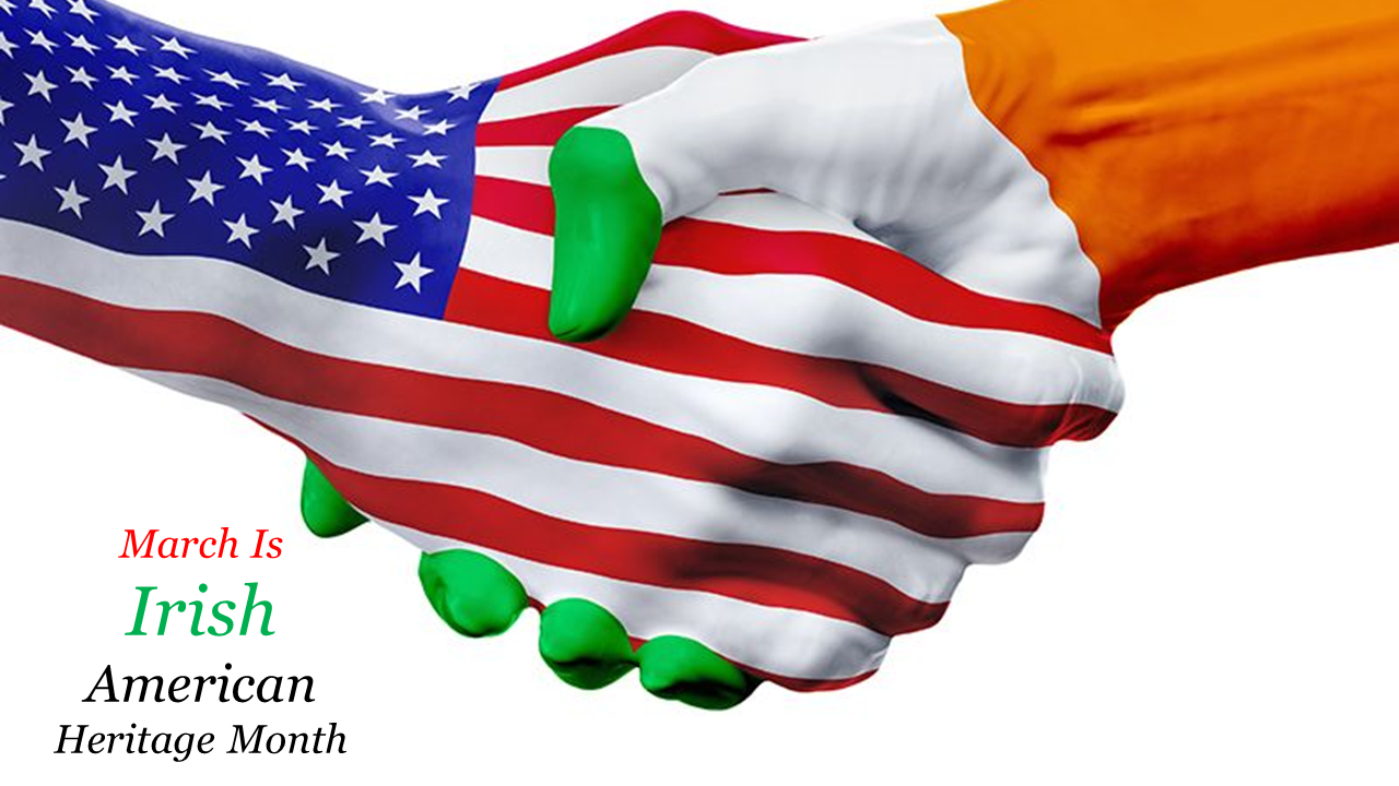 Two hands shaking, one painted with the U.S. flag, the other with the Irish flag, symbolizing Irish American unity.