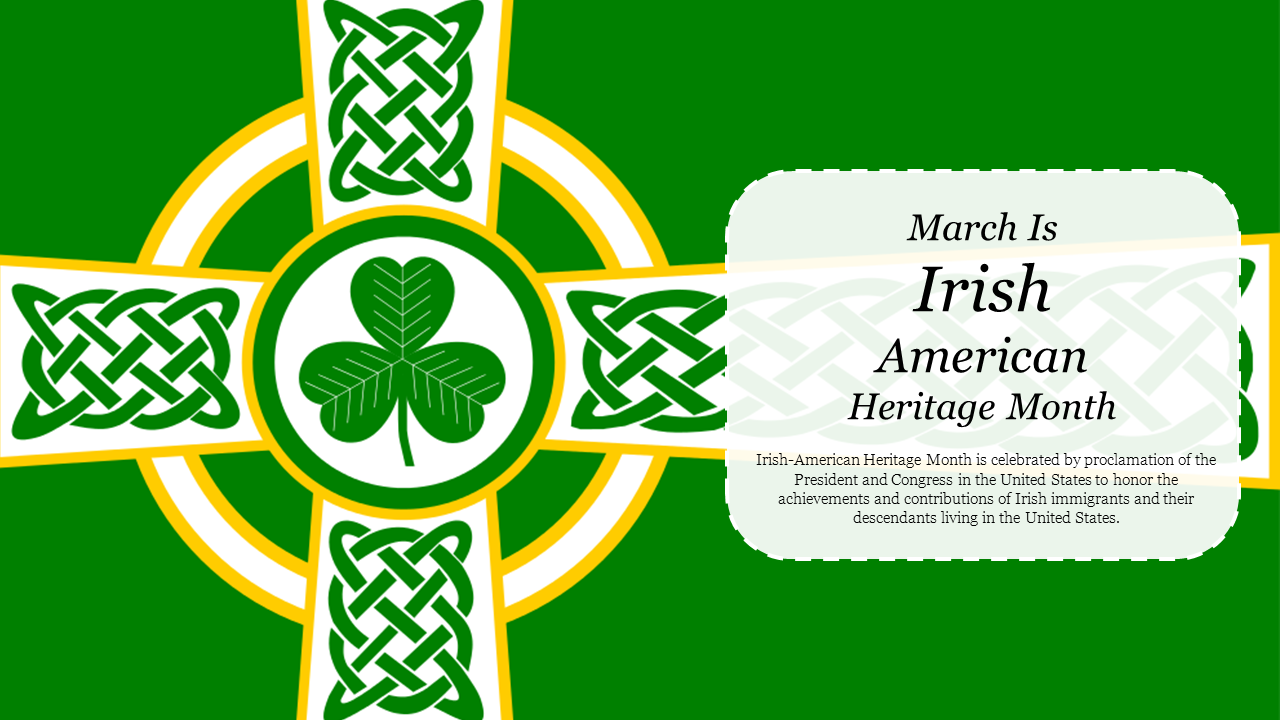 Design showcasing a shamrock emblem and intricate patterns, paired with a description of Irish-American heritage month.