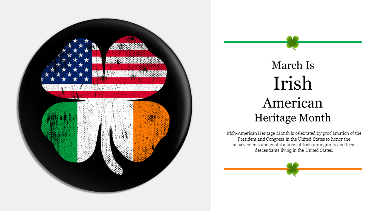 Slide with a black circular shamrock featuring U.S. and Irish flag patterns, and text on a white background to the right.