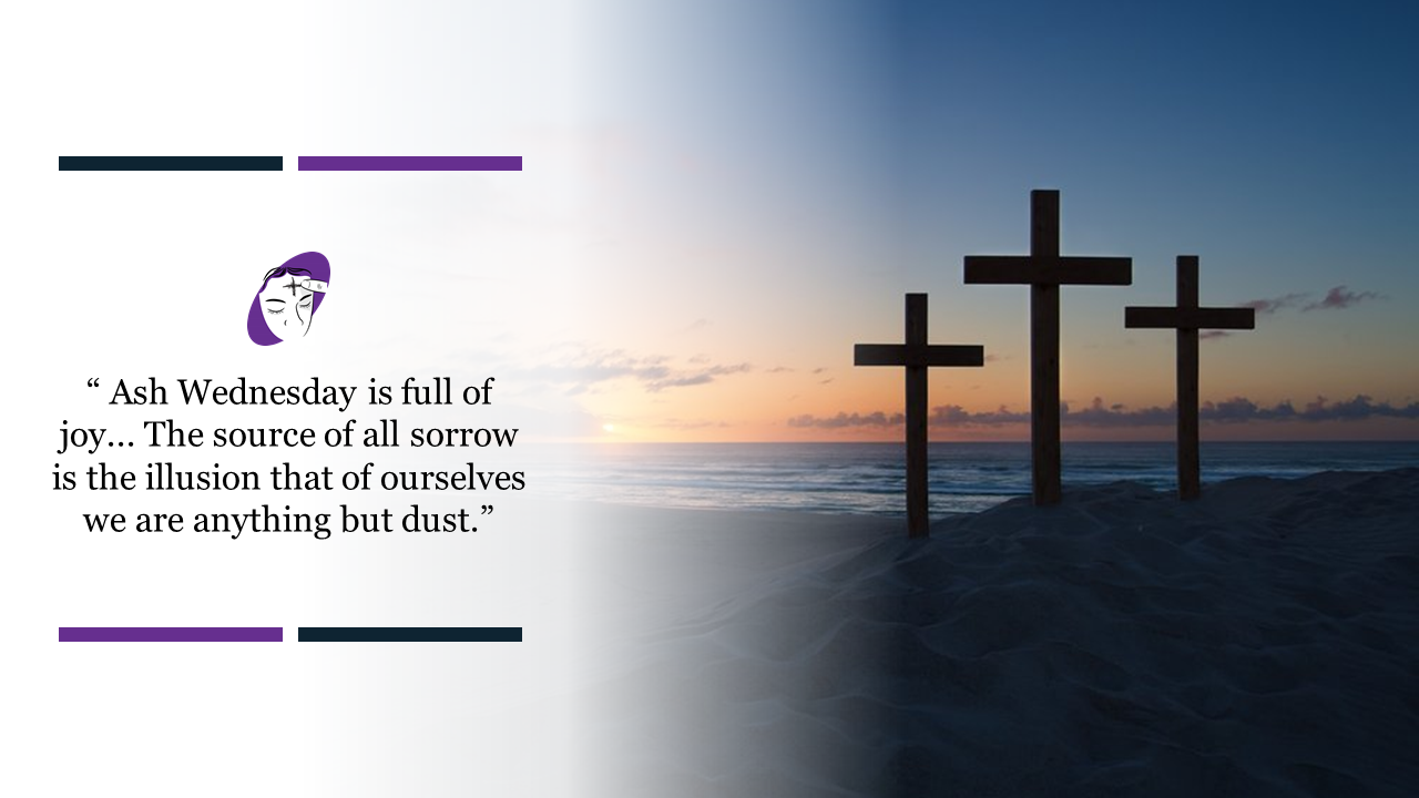 Ash Wednesday quote with three crosses silhouetted against a sunset beach, symbolizing reflection and humility.