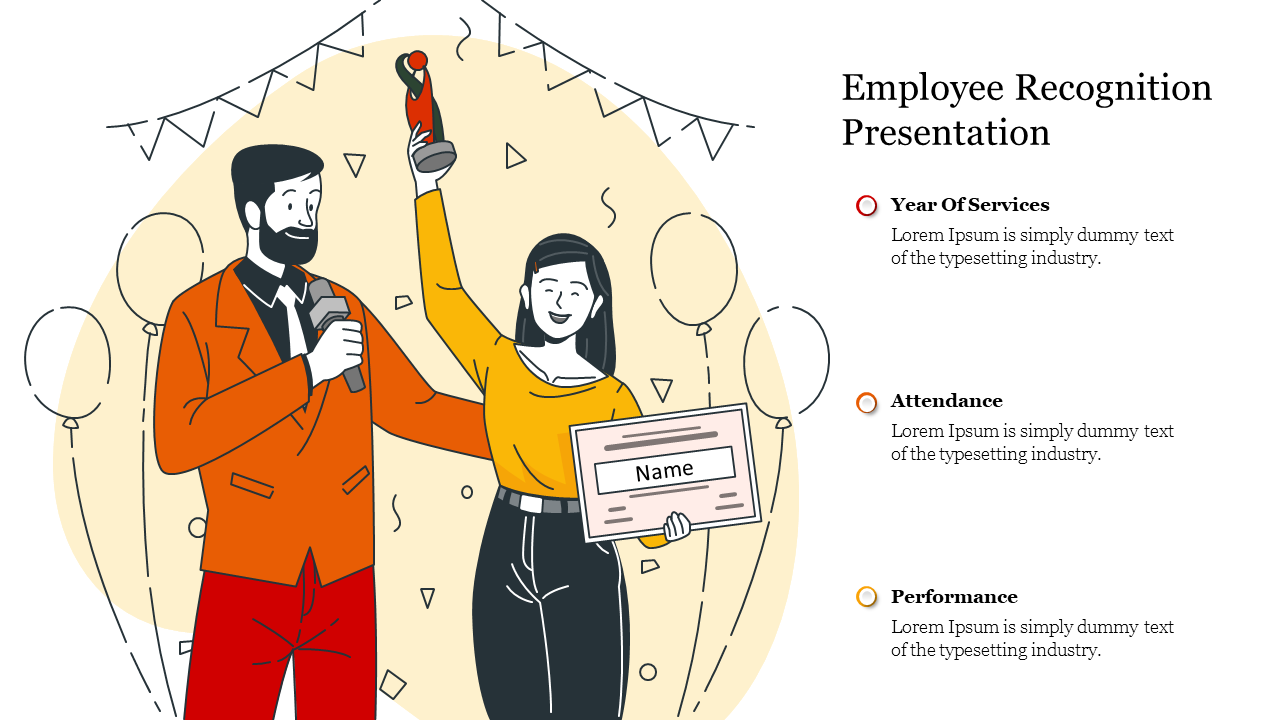 Illustration of an employee recognition slide featuring a man holding a microphone and a woman with a trophy and certificate.