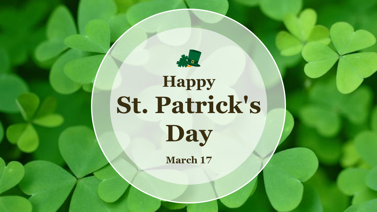 Happy St. Patrick's day template featuring a green clover background with the date march 17 displayed.