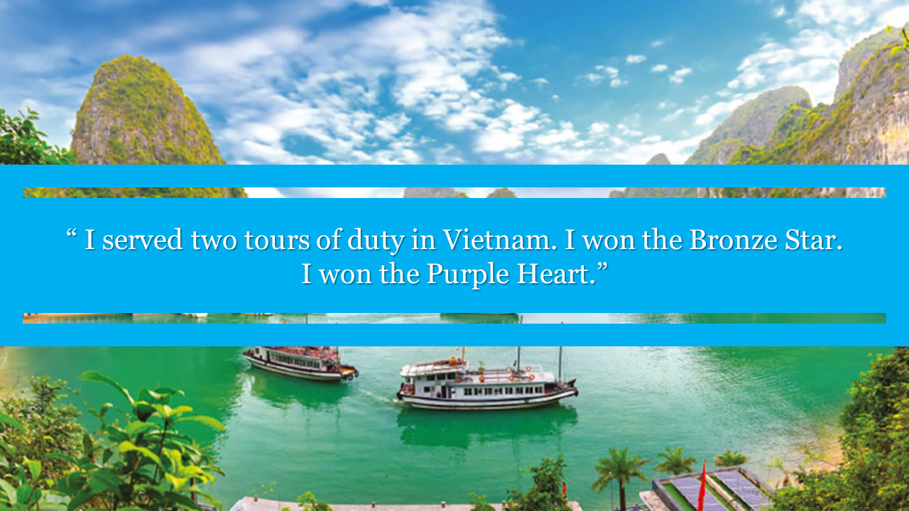 Scenic landscape of a river with boats and limestone cliffs, overlaid with a quote about military service in Vietnam.