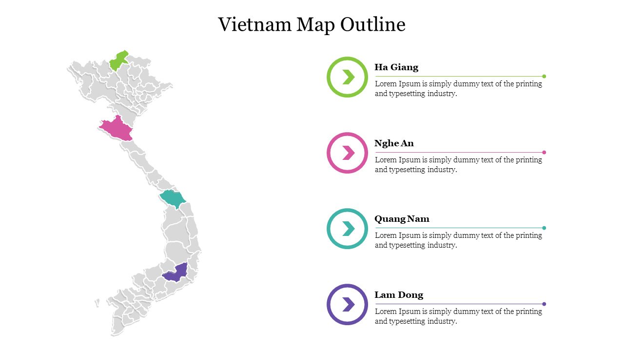 Map of Vietnam with four highlighted areas in green, pink, blue, and purple, each with corresponding icons.