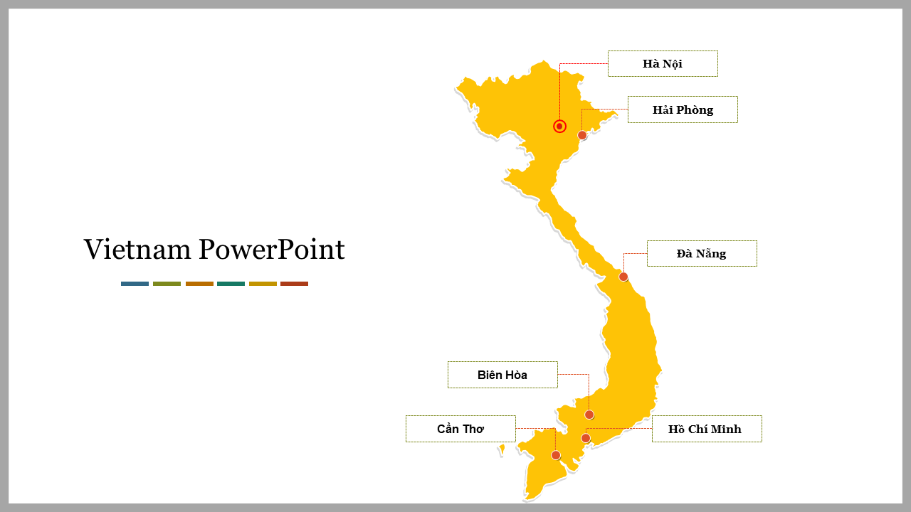 Vietnam map highlighted in yellow, featuring labels for major cities and red location markers.