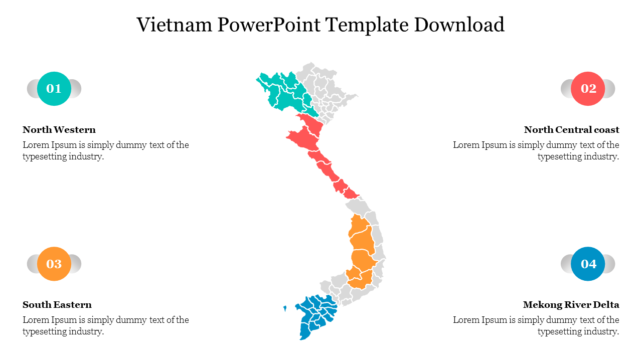 A color coded map of Vietnam in the middle, with four regions labeled and explained in numbered sections on both sides.