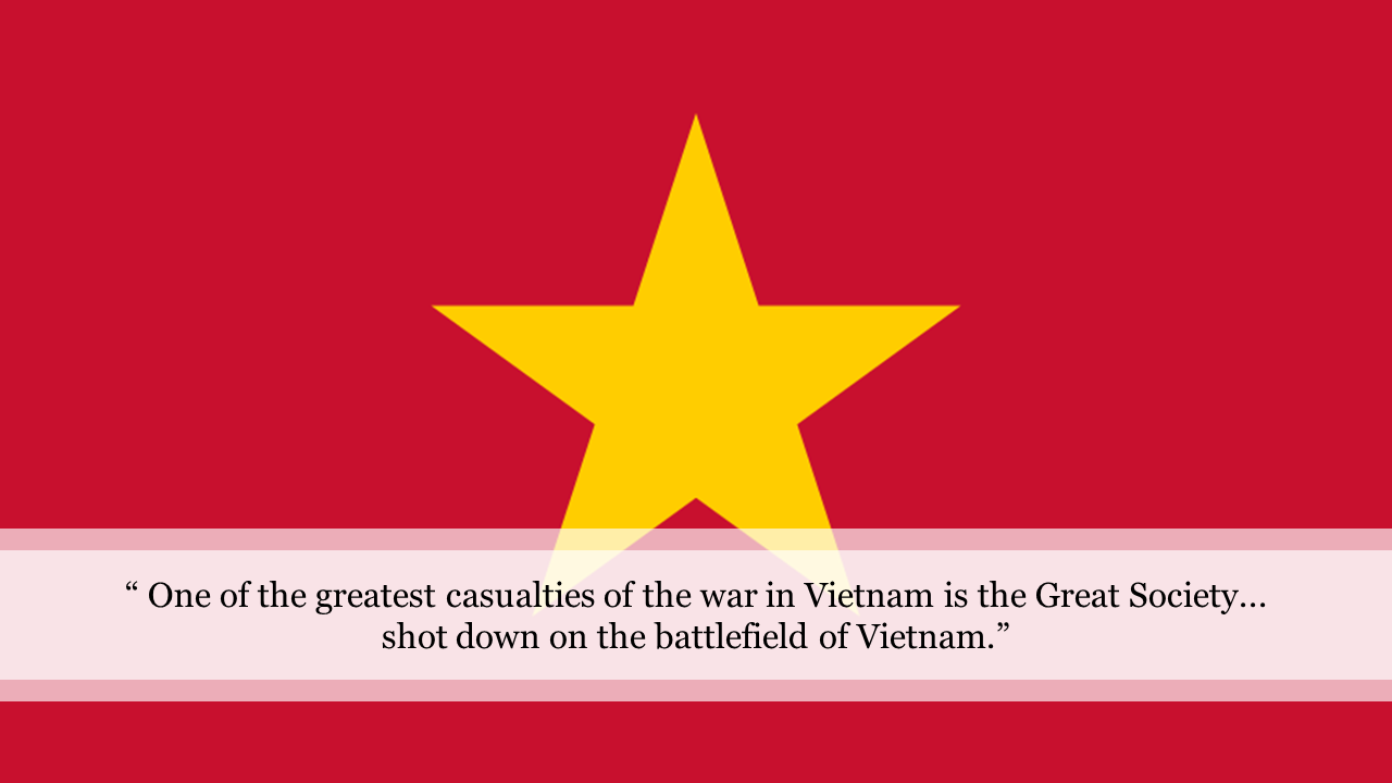 Red background with a yellow star and a quote about the Vietnam War for a presentation.