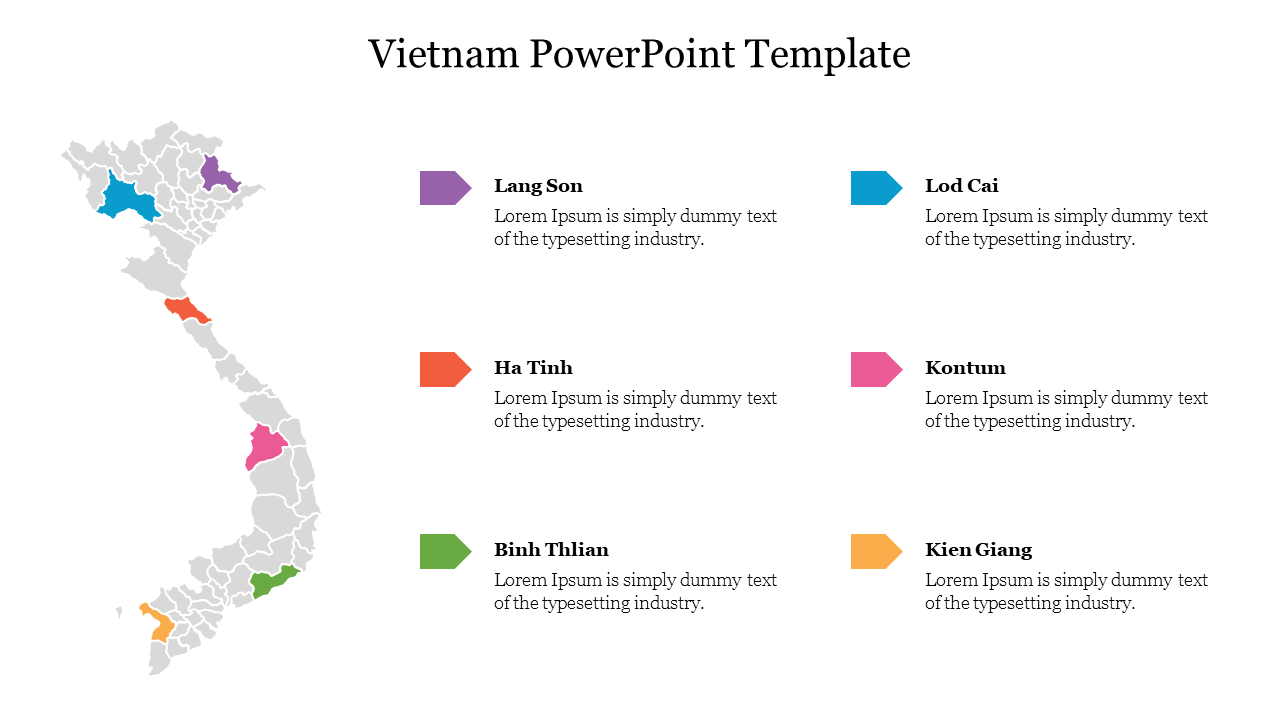 Gray Vietnam map with six colored regions and captions in purple, blue, red, pink, green, and orange aligned to the right.