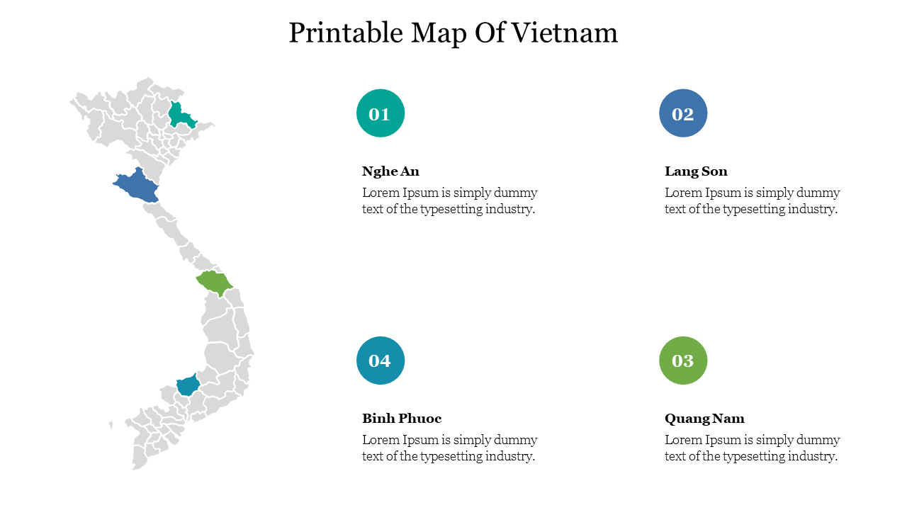 Gray printable map of Vietnam highlighting four regions Nghe An, Lang Son, Quang Nam, and Binh Phuoc.