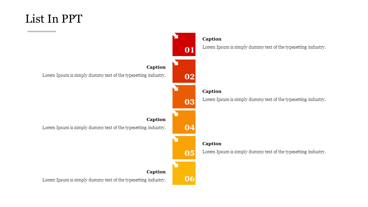 Vertical list of six numbered blocks in shades of red, orange, and yellow, with placeholder text next to each block.