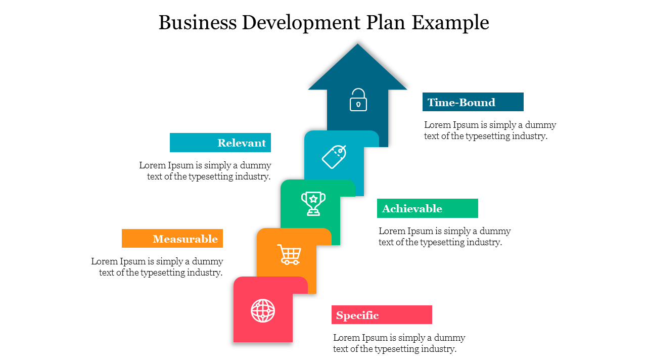 Business development strategy slide with a colorful arrow diagram with icons and text area.