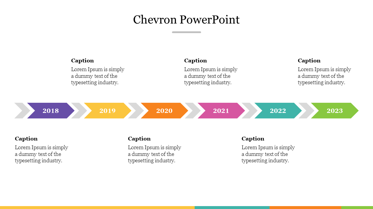 Colorful chevrons pointing right, showing a timeline from 2018 to 2023, each in different colors from purple to green.