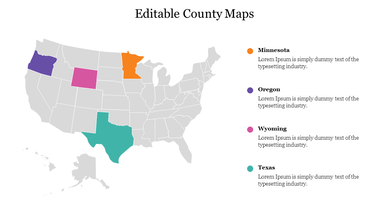 US map with four states highlighted in orange, purple, pink, and teal, each with color coded captions on the right.