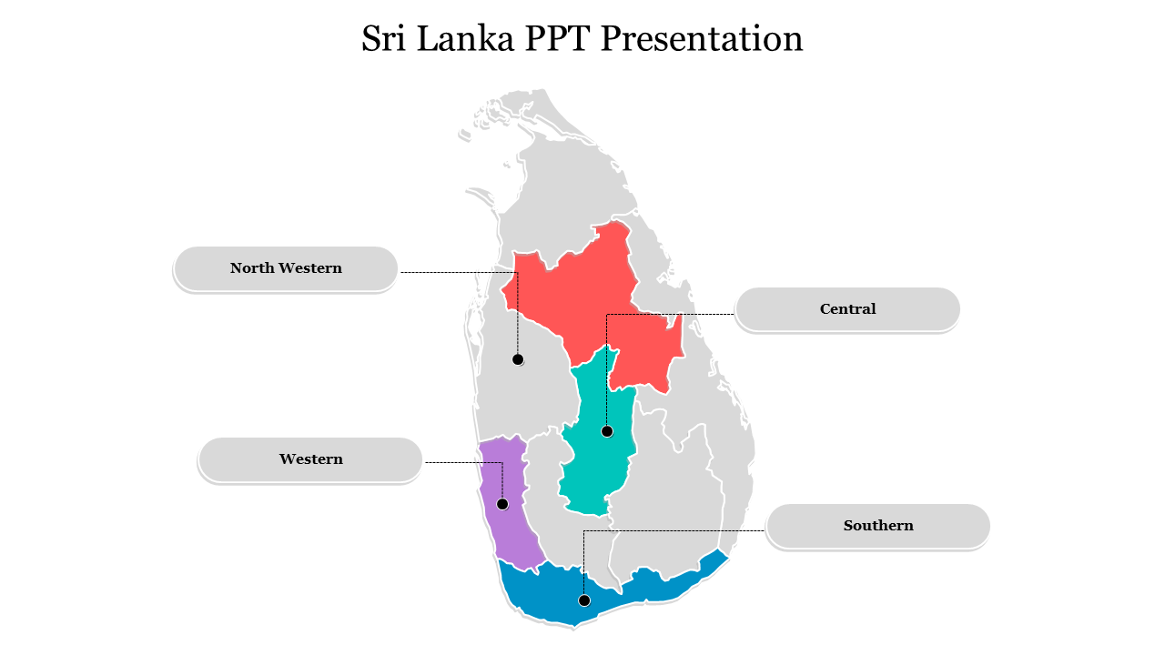 Sri Lanka map highlighting four regions in red, teal, purple, and green, with labels.