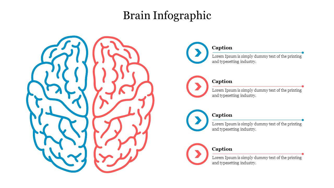 Brain infographic with two hemispheres in blue and red, each labeled with a  a placeholder text placed in a white background.