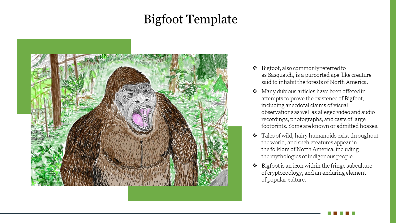 Illustrated slide featuring an image of Bigfoot, a large, hairy ape like creature in a forest, with accompanying text.