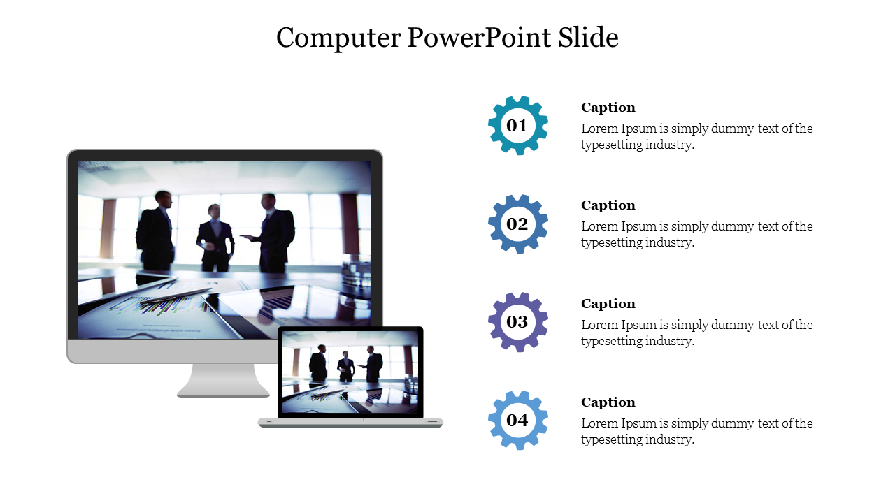 Computer template showcasing a desktop and laptop displaying a business scene and four numbered steps with blue gear icons.