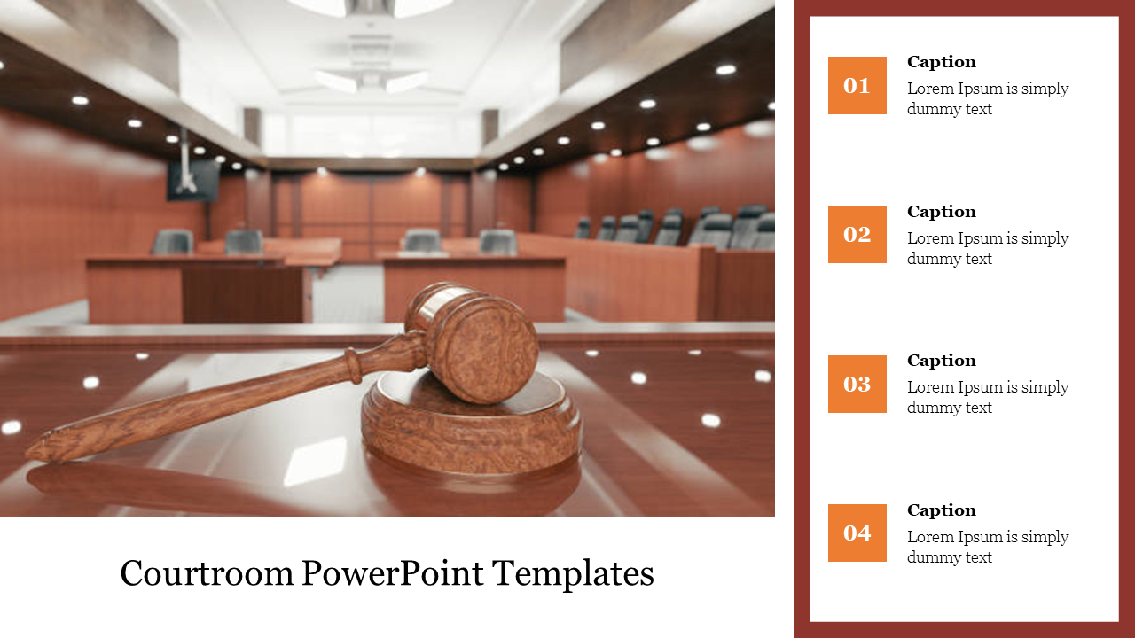 A wooden gavel on a desk in a courtroom, with four numbered captions on the right, set against a brown background.