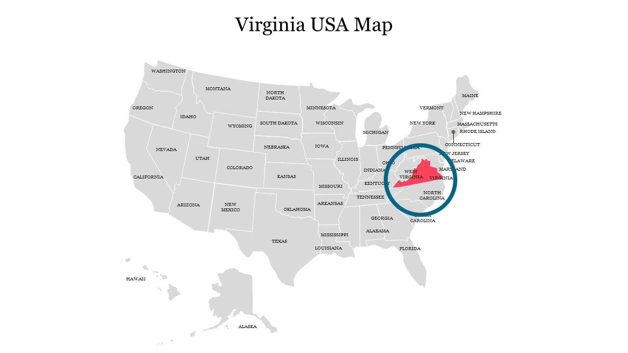 Gray map of the USA with Virginia highlighted in red and circled in blue, located on the east coast.