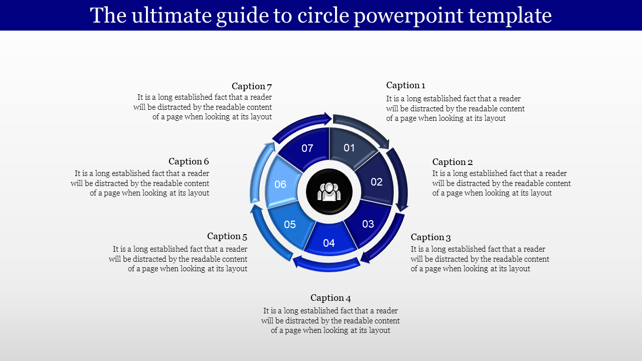 Circular infographic with seven numbered blue sections arranged around a central icon of people, each linked to caption areas.