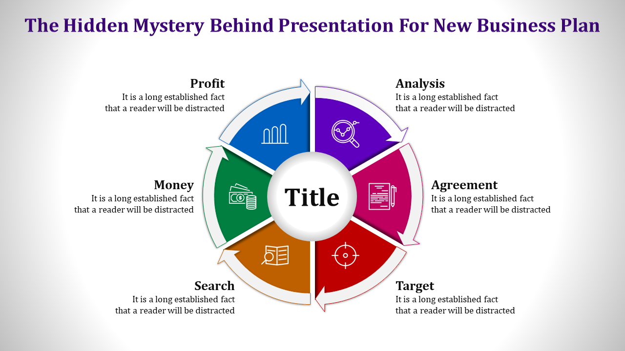 Infographic design showing six steps for a business plan, with colorful labeled sections and icons.