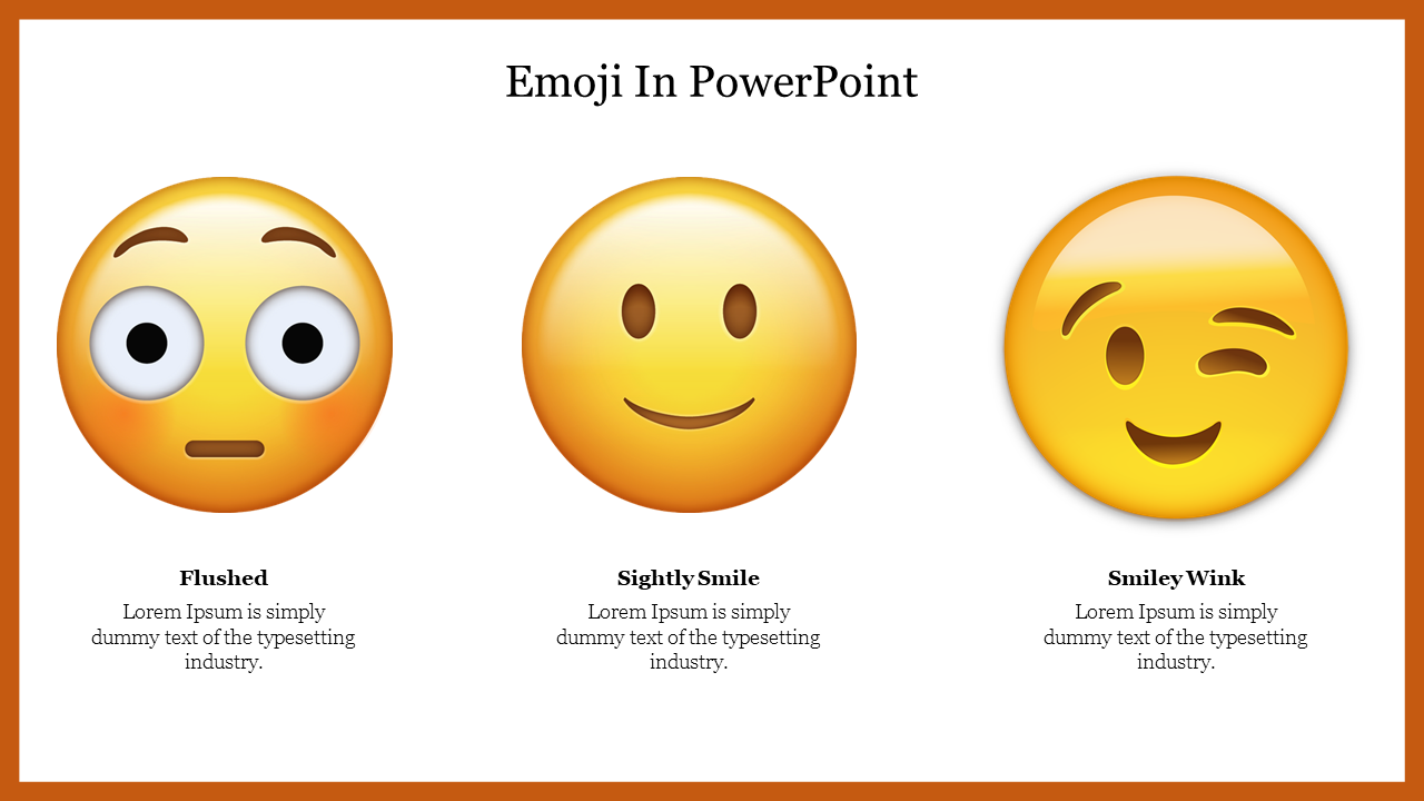 A slide with three yellow emojis reaction for flushing smiling winking each with caption area and title on white background.