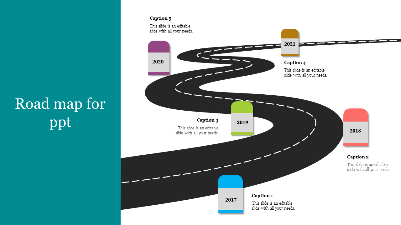 Illustrative slide featuring a winding road map with milestone markers for the years 2017 to 2021 with captions.