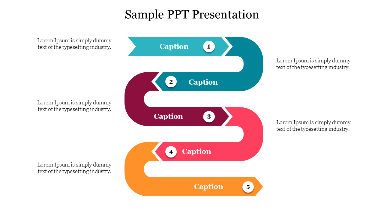 Visual flowchart of a sample presentation, showcasing five distinct captions in a vibrant colored design.