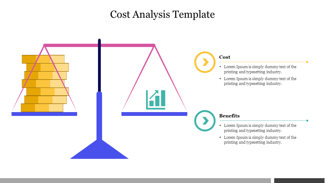 Cost analysis slide with a balanced scale, showing stacked coins on one side and a growth chart on the other with text area.