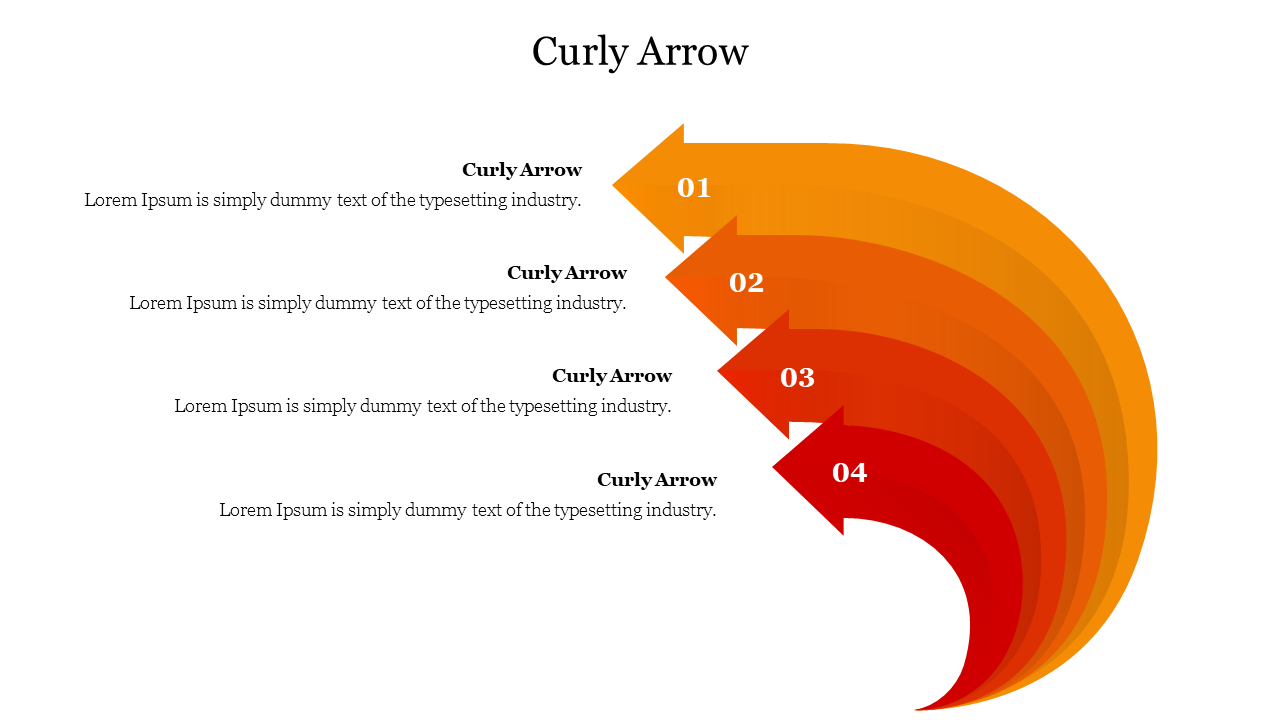 Curly arrow slide featuring four overlapping arrows in shades of orange to red numbered one to four.