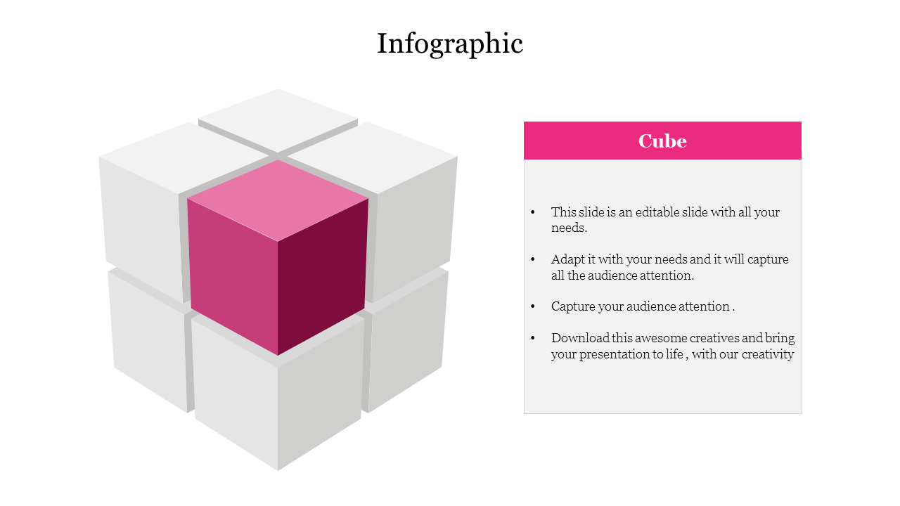 Infographic PowerPoint slide featuring a colorful cube design with placeholder text options.