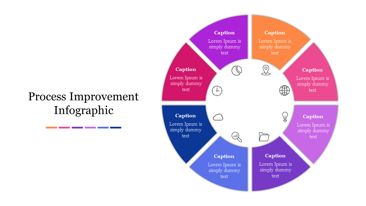 Colorful circular infographic slide with seven segments labeled as captions, each surrounding icons of process improvement.