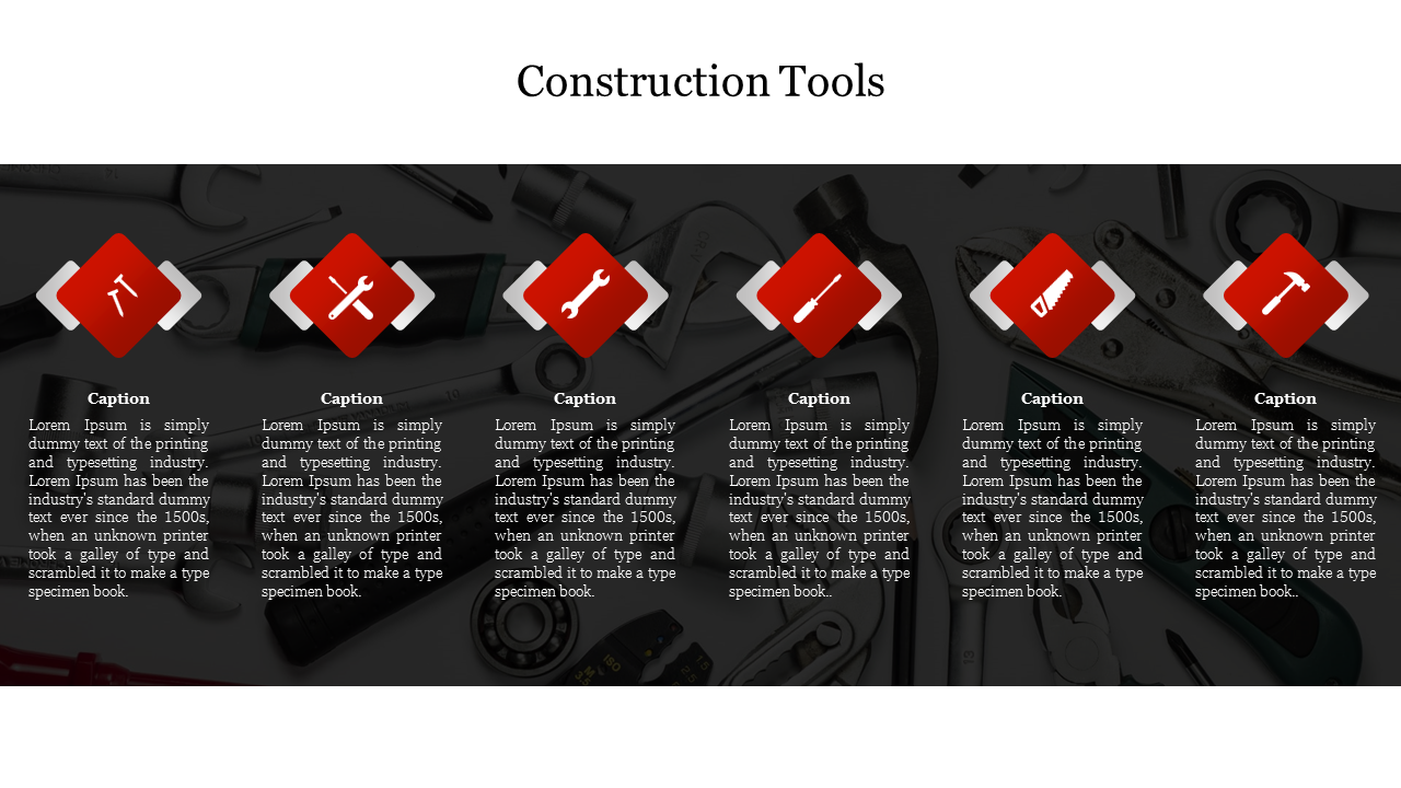 Slide displaying construction tool icons in red box each with captions areas on a dark background.