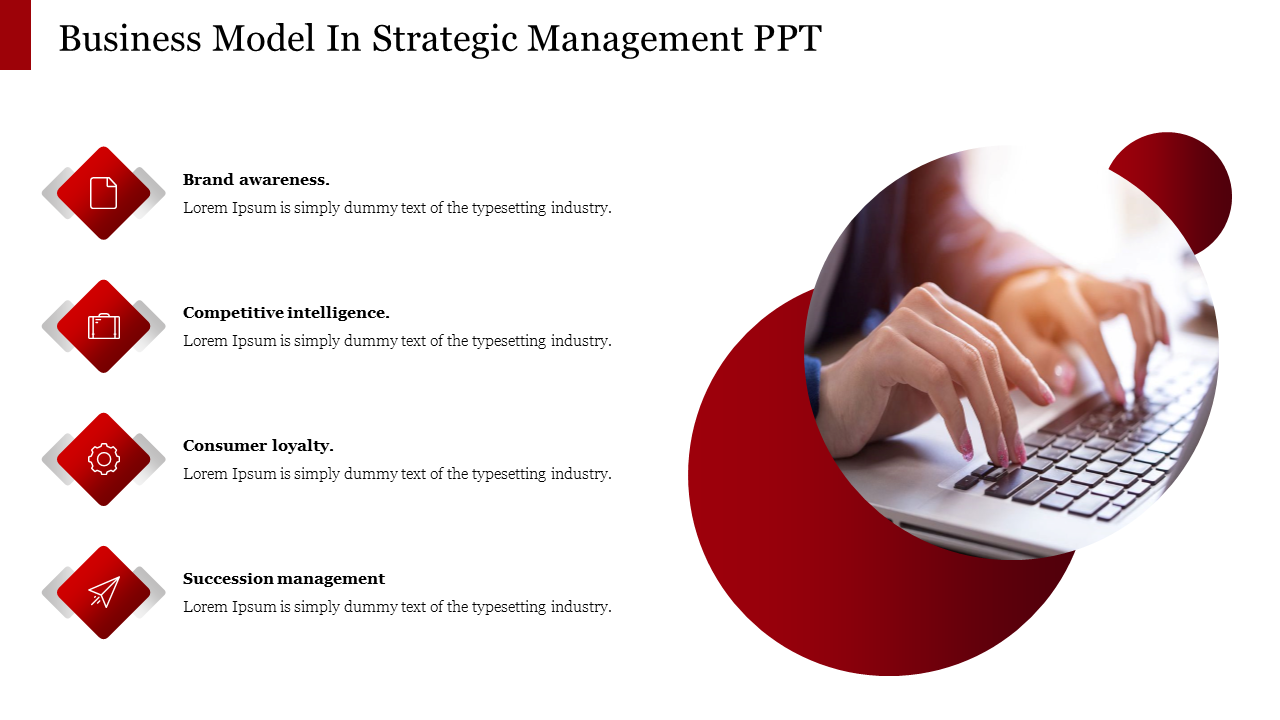 Strategic management with four diamond icons for business concepts on the left, paired with an image of hands on a laptop.