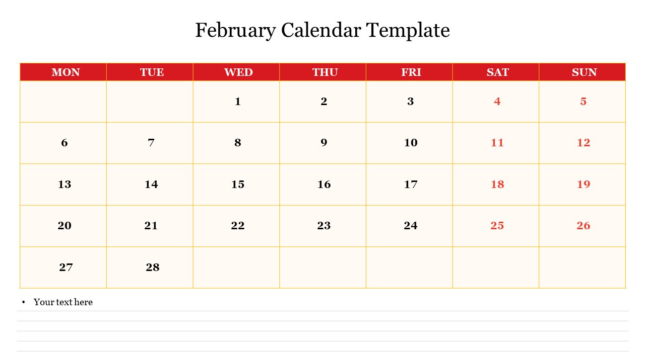 February calendar template with a grid layout, showing the days of the week from Monday to Sunday.