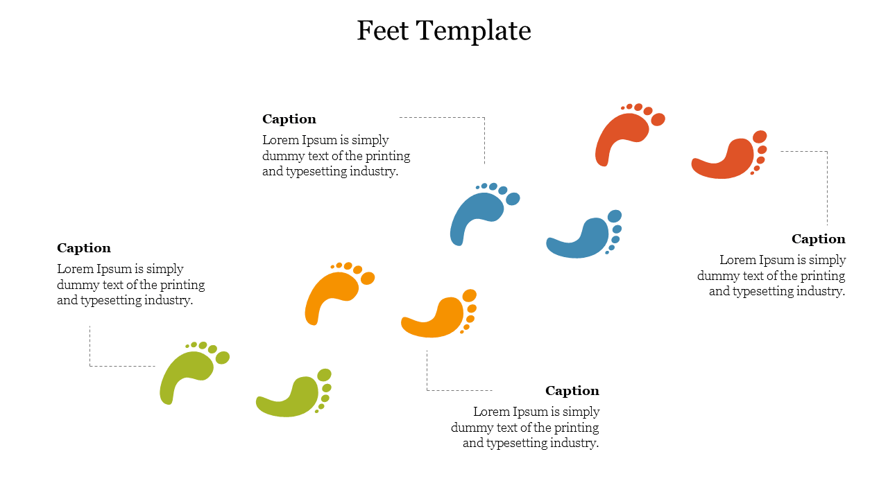 Footprints in shades of green, orange, blue, and red in a diagonal pattern, each with captions on a white background.