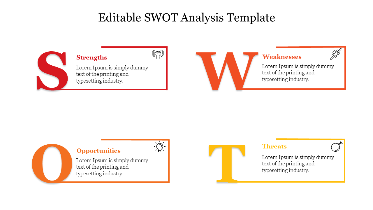 SWOT template showcasing strengths, weaknesses, opportunities, and threats, with colored bold typography and minimal design.