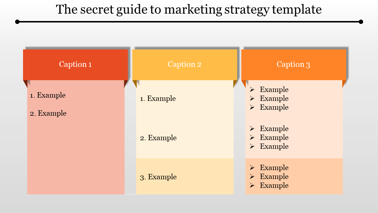 Colorful marketing strategy template with three captioned blocks showcasing examples.