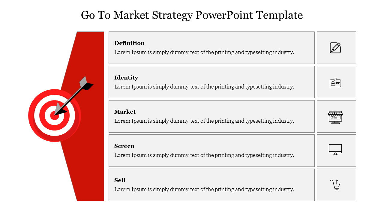 Slide with a red section featuring a target and arrow on the left and five rows of text with icons on the right.