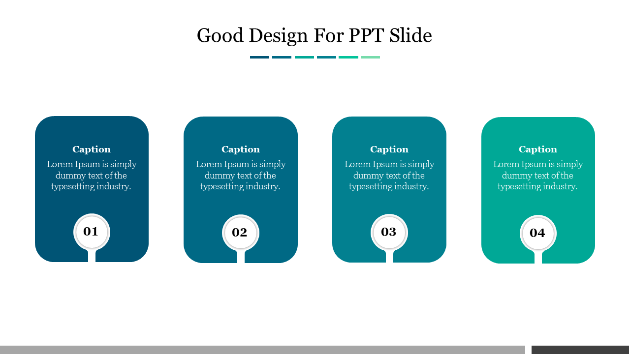 Slide with four numbered sections in shades of blue and green, each containing a caption and placeholder text.