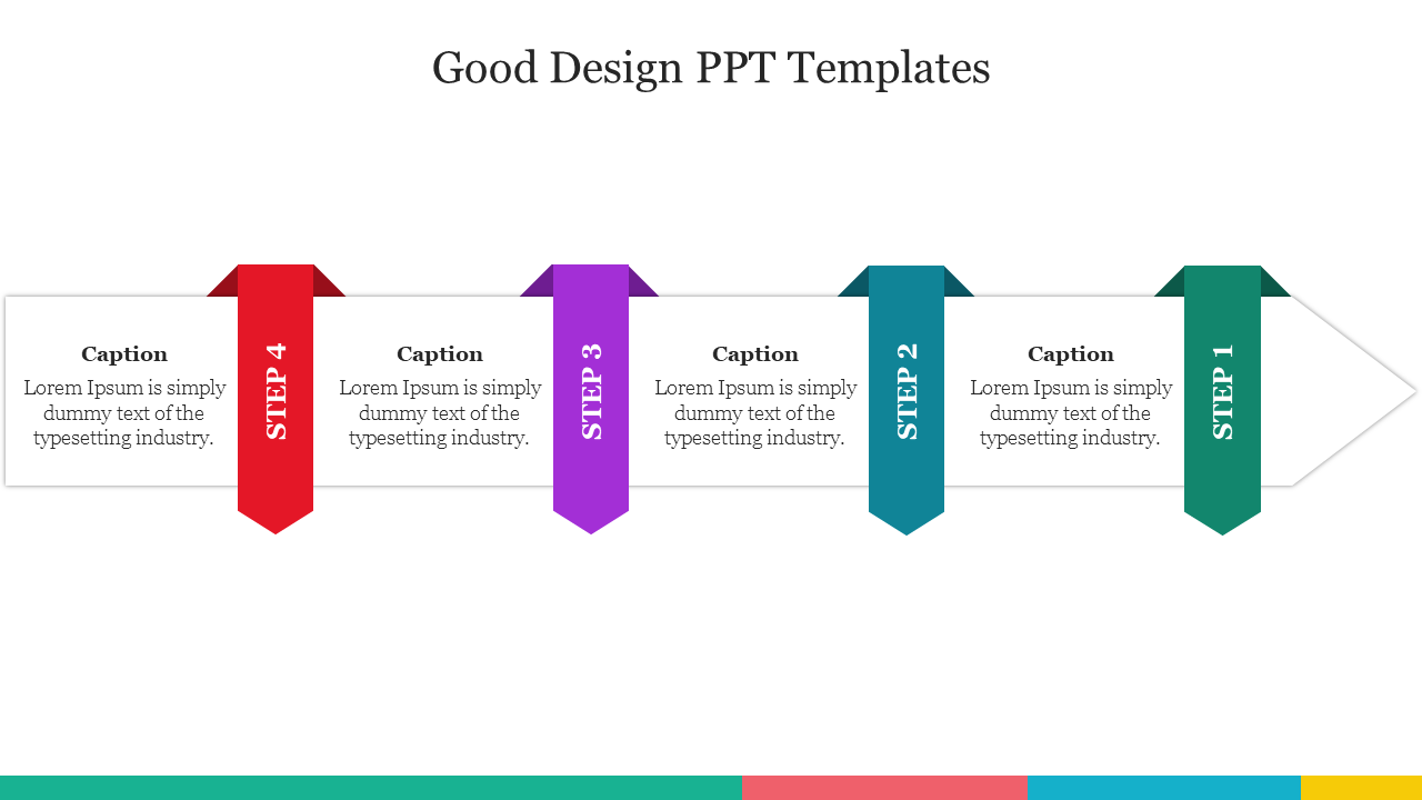 Horizontal arrow flowchart with four ribbons atop in green, teal, purple, and red, each with a caption.