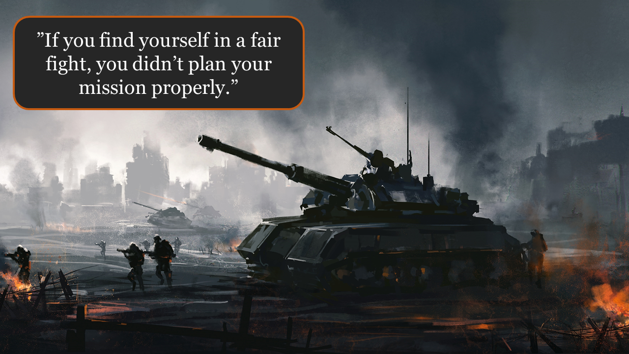 Dramatic military scene featuring a tank on a battlefield overlaid with a quote about planning missions.