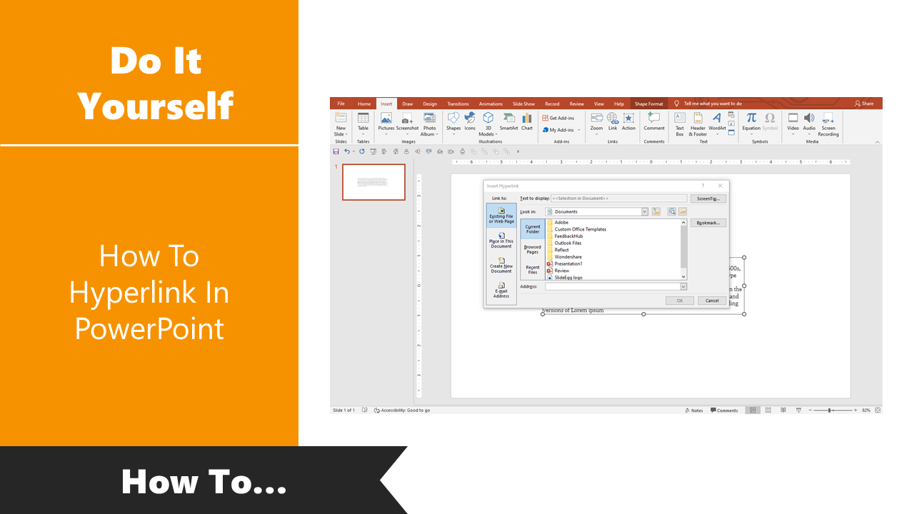 Tutorial on creating a hyperlink in PowerPoint with an open hyperlink options window on an orange themed slide.