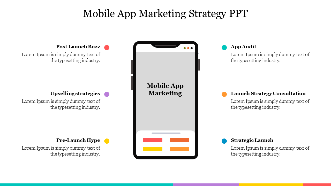 Mobile app marketing strategy slide with a central phone illustration and surrounding points with placeholder text.