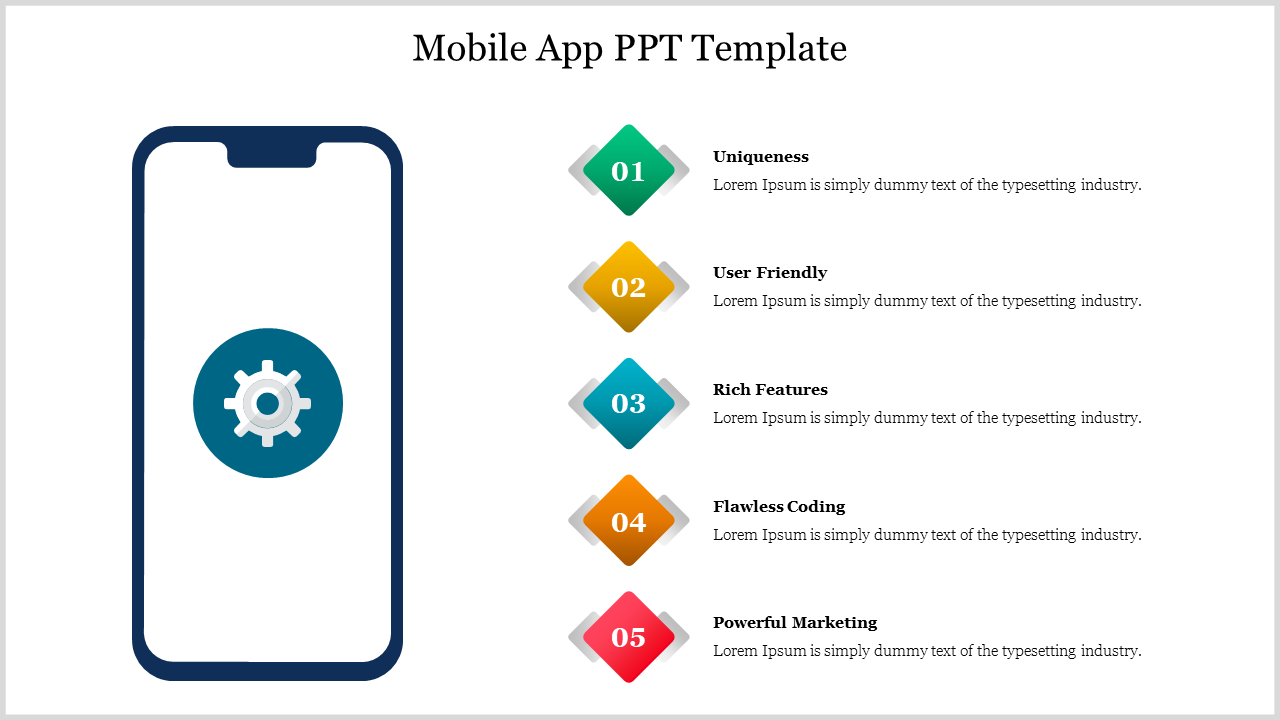 Mobile app-themed PPT template with a phone image on the left and a list of five colored elements describing app qualities.